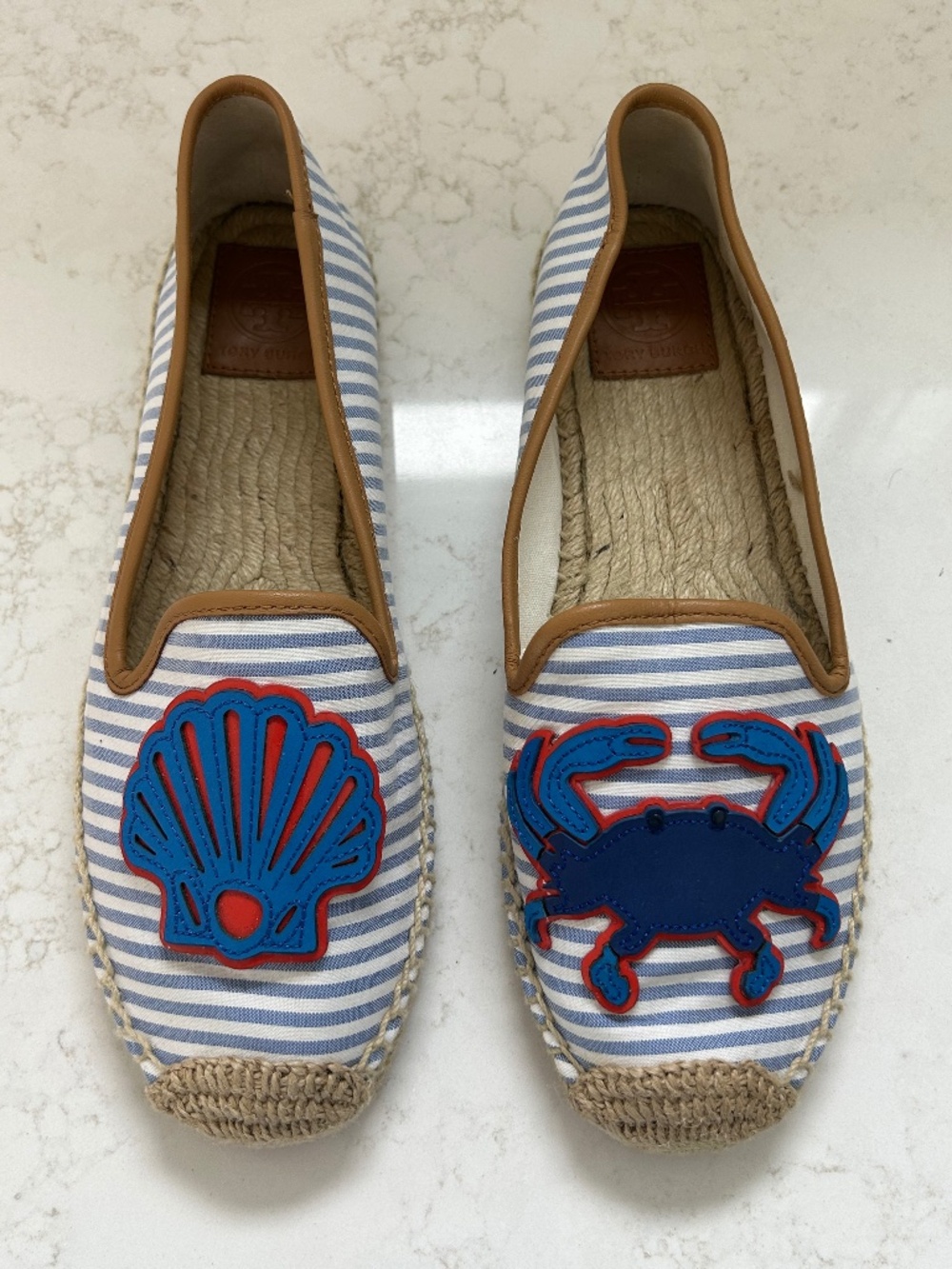 Tory Burch Blue Striped Espadrille Featuring Crab & Shell Motifs SZ 9.5  EUC
